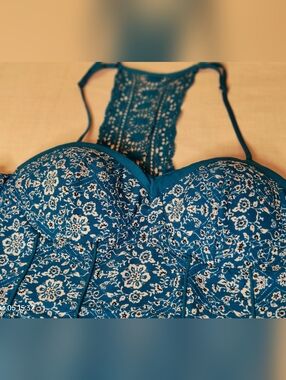 Boho Sundress Large WITH POCKETS & Padded Cups Teal Crochet Racerback Floral